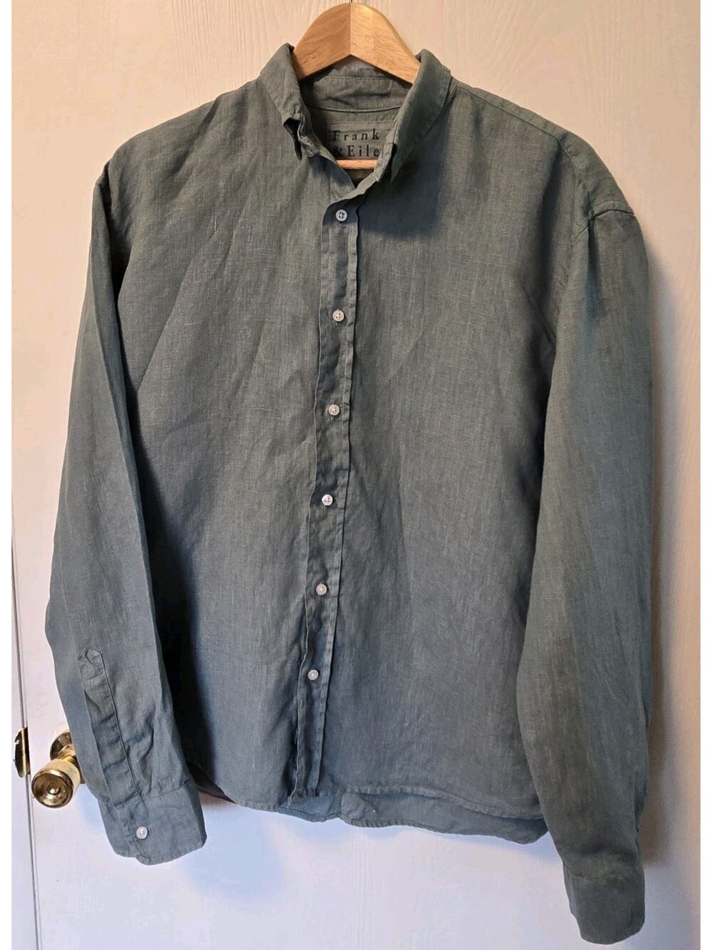 Frank & Eileen Finbar Mens 100% Linen Button Down Shirt Large Blue Green